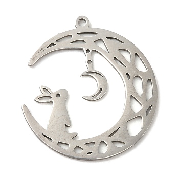 201 Stainless Steel Pendants, Rabbit on the Moon, Stainless Steel Color, 28x25x1mm, Hole: 1.5mm