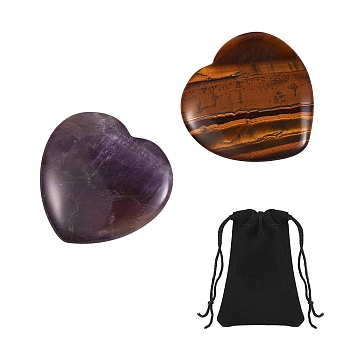 2Pcs 2 Style Heart Natural Mixed Gemstone Massage, with 1Pc Velvet Cloth Drawstring Bags, 39~40x39.5~40x7~8mm, 1pc/style