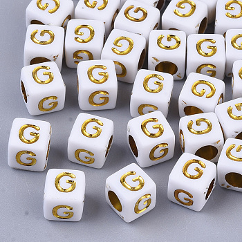 Plating Acrylic Beads, Horizontal Hole, Golden Metal Enlaced, Alphabet Style, Cube, Letter.G, 5.5~6x5.5~6x5.5~6mm, Hole: 3.5mm, about 3000pcs/500g