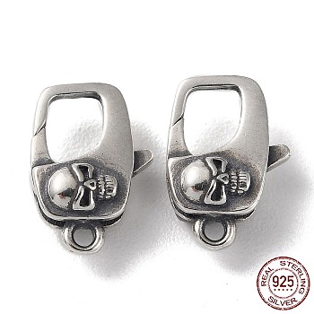 925 Thailand Sterling Silver Lobster Claw Clasps, Skull, with 925 Stamp, Antique Silver, 14.5x10x5mm, Hole: 1.5mm