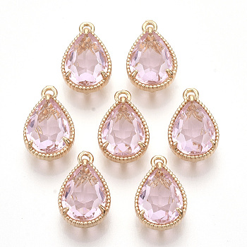 Transparent Glass Pendants, with Golden Tone Brass Findings, Faceted, Teardrop, Pearl Pink, 19x12x8.5mm, Hole: 1.5mm
