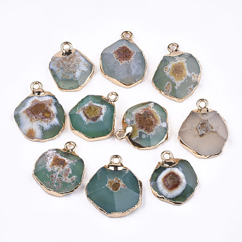 Electroplate Natural Agate Pendants, with Brass Findings, Faceted, Dyed, Golden, Aqua, 17~22x14~18x5~10mm, Hole: 1.8mm