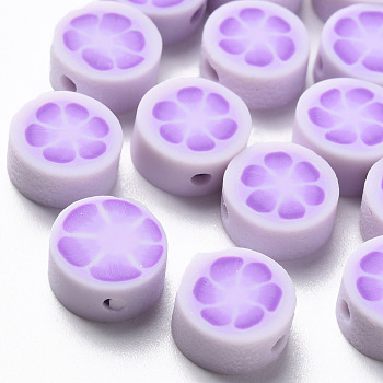 Handmade Polymer Clay Beads, Flat Round with Flower, Lilac, 9~10x4~5mm, Hole: 1.4mm
