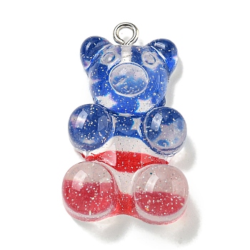 Independence Day Transparent Resin Pendants, with Glitter Powder & Platinum Plated Iron Loops, Colorful, Bear, 19x8mm, Hole: 2mm