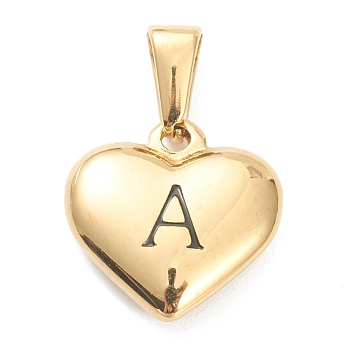 304 Stainless Steel Pendants, Heart with Black Letter, Golden, Letter.A, 16x16x4.5mm, Hole: 7x3mm
