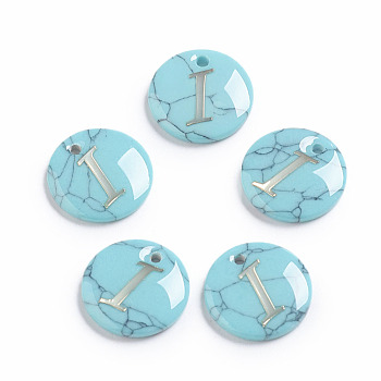 Synthetic Turquoise Charms, with Plastic Letter, Flat Round, Letter.I, 15x2mm, Hole: 1.5mm