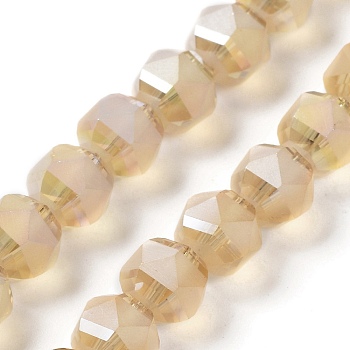 Electroplate Transparent Glass Beads Strands, Frosted, Faceted, Lantern, Blanched Almond, 7x7.8x7.5mm, Hole: 1.5mm, about 72pcs/strand, 20.79''(52.8cm)