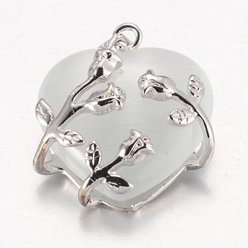 Cat Eye Pendants, with Brass Findings, Heart, Platinum Color, White, 23x21x9mm, Hole: 5x4mm