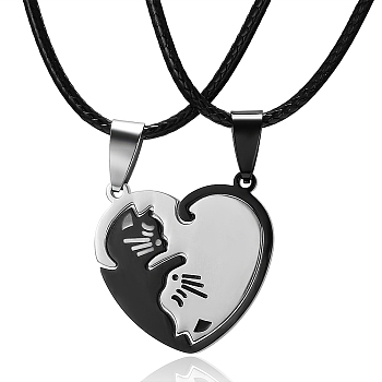 2Pcs 2 Style Couple Necklaces Set, Titanium Steel Matching Splite Heart with Cat Pendants Necklace for Valentine's Day, Electrophoresis Black, 18.90 inch(48cm), 1Pc/style