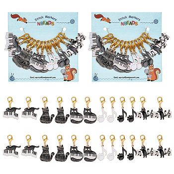 Alloy Enamel Pendant Locking Stitch Markers, Zinc Alloy Lobster Claw Clasps Stitch Marker, Musical Note/Cat with Music Scores/Cat with Piano, Golden, 3.7~4.4cm, 6 style, 2pcs/style, 12pcs/set