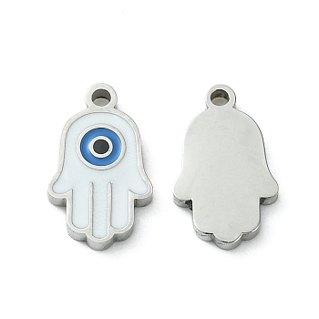 304 Stainless Steel Manual Polishing Charms, with Enamel, Hamsa Hand/Hand of Miriam with Evil Eye, Stainless Steel Color, 11.5x7x1.5mm, Hole: 1.2mm