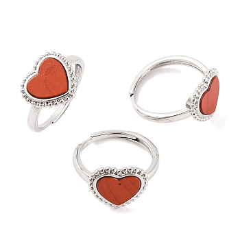 Heart Natural Red Jasper Adjustable Rings, Brass Ring for Women, Long-Lasting Plated, Lead Free & Cadmium Free, Platinum, Inner Diameter: 18mm