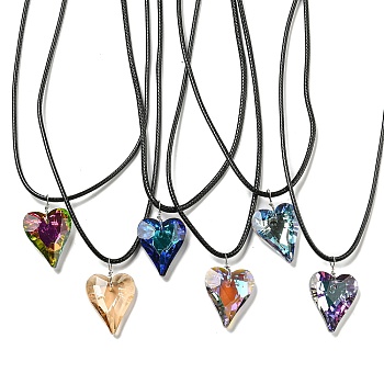 Waxed Cord Necklaces, K9 Glass Pendant Necklaces, Heart, Mixed Color, 17.91 inch(45.5cm)
