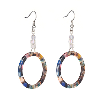 Cellulose Acetate(Resin) Dangle Earrings, with Cube Glass Beads and Platinum Plated Brass Earring Hooks, Ring, Clear AB, 69~70mm, Pin: 0.6mm