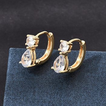 Brass Pave Cubic Zirconia Hoop Earrings, Round with Teardrop, Real 18K Gold Plated, 12.5x5.5x14mm