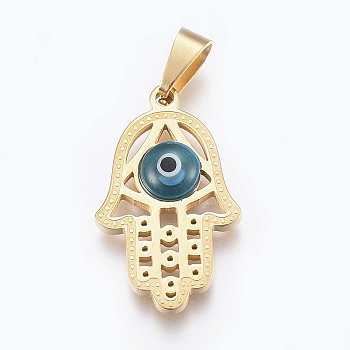 304 Stainless Steel Pendants, with Glass Evil Eye, Hamsa Hand/Hand of Miriam, Golden, 24.5x15x4mm, Hole: 7x3mm
