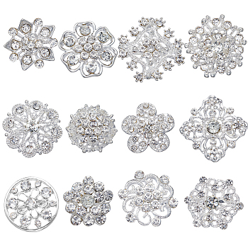 12Pcs 12 Style Crystal Rhinestone Flower Brooch Pins, Alloy Badges for Women, Silver, 20~28x20~28x3.5~8mm, 1Pc/style
