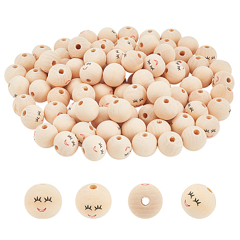 Elite 100Pcs Printed Wood Beads, Round with Smiling Face Pattern, Undyed, BurlyWood, 20x17.5mm, Hole: 4.7mm