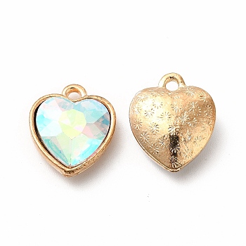 Faceted Glass Rhinestone Pendants, with Golden Tone Zinc Alloy Findings, Heart Charms, Clear AB, 16.5x14x6.5mm, Hole: 1.6mm