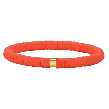 Polymer Clay Heishi Surfer Stretch Bracelet with 304 Stainless Steel Beaded, Preppy Bracelet, Orange Red, Inner Diameter: 2 inch(5.2cm)