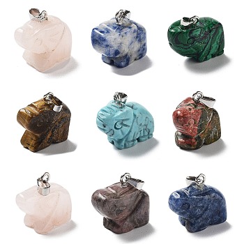 Natural & Synthetic Mixed Gemstone Pendants, Elephant Charms with Platinum Plated Metal Snap on Bails, Mixed Dyed and Undyed, 19x21~22x10mm, Hole: 3x5.5mm