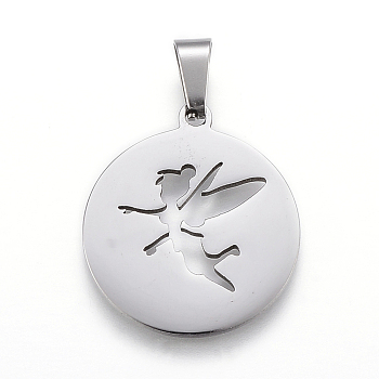 304 Stainless Steel Pendants, Cut-Out, Flat Round with Fairy, Stainless Steel Color, 25x22x1.2mm, Hole: 4x7.5mm
