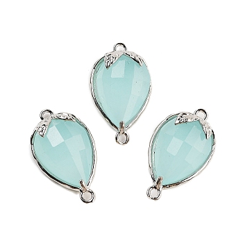 Cat Eye Faceted Teardrop Connector Charms, Brass Strawberry Links, Platinum, Cyan, 20x11.5x5mm, Hole: 1.2mm