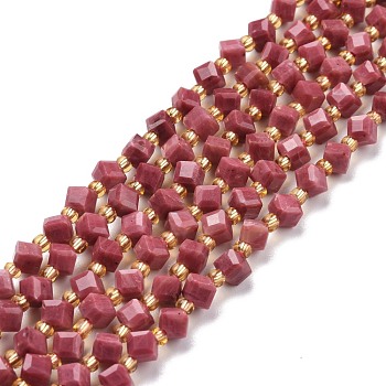 Natural Rhodonite Beads Strands, with Seed Beads, Faceted, Diagonal Cube Beads, 5~6x5~6x4~5mm, Hole: 1mm, about 49~55pcs/strand, 15.35''~15.75''(39~40cm)