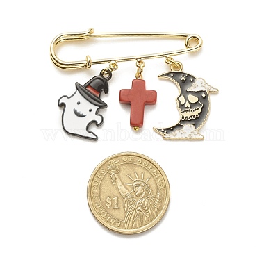 Halloween Ghost & Skull Moon Alloy Enamel Charm Safety Pin with Synthetic Turquoise Cross(JEWB-BR00069-03)-4