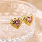 304 Stainless Steel Pave Cubic Zirconia Stud Earrings, Heart, Golden, Pink, 14.5x16.5mm(EJEW-D364-02A-G)