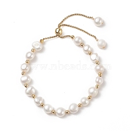 Dyed Natural Pearl & Brass Round Beaded Slider Bracelet, Adjustable Bracelet with Golden 304 Stainless Steel Box Chains for Women, Floral White, Inner Diameter: 1-3/4~3 inch(4.5~7.5cm)(BJEW-JB09008-04)