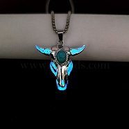 Alloy Ox Head Pendant Necklace with Stainless Steel Chains, Synthetic Turquoise Beaded Luminous Glow in the Dark Necklace, Blue, Pendant: 37x33mm(JN1135B)