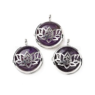 Natural Amethyst Locket Pendants, Flat Round Charms, with Platinum Plated Brass Lotus Findings, 31.5x27x9mm, Hole: 4.6mm(G-G982-01P-15)