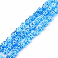 Handmade Millefiori Glass Bead Strands, Plum Bossom, Deep Sky Blue, 6~7x6~8x2.5~3mm, Hole: 1mm, about 63~65pcs/strand, 15.55 inch~15.94 inch(39.5~40.5cm)(LAMP-N029-017A-03)