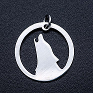 201 Stainless Steel Pendants, Howling Wolf Pendants, with Unsoldered Jump Rings, Flat Round with Wolf, Stainless Steel Color, 20x1mm, Hole: 3mm, Jump Ring: 5x0.8mm(STAS-T046-JA354-1)