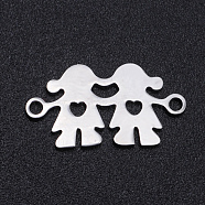 201 Stainless Steel Links connectors, Girl with Girl, Heart , Stainless Steel Color, 10x19x1mm, Hole: 1.5mm(STAS-N090-T876-1)
