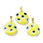 Handmade Evil Eye Lampwork Pendants, with Rack Plating Brass Findings, Long-Lasting Plated, Lead Free & Cadmium Free, Flat Round, Yellow, 19.5x16x6mm, Hole: 4.2x3.8mm(LAMP-F030-01G-01)