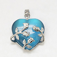 Cat Eye Pendants, with Brass Findings, Heart, Platinum Color, Sky Blue, 23x21x9mm, Hole: 5x4mm(CE-H006-06)