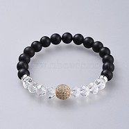 Natural Black Agate(Dyed) Stretch Bracelets, with Faceted Glass Beads and Rack Plating Brass Cubic Zirconia Beads, Golden, 2-1/8 inch(5.5cm)(BJEW-JB04584-01)