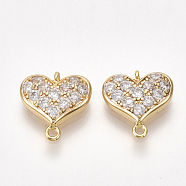 Brass Cubic Zirconia Links, Heart, Nickel Free, Real 18K Gold Plated, Clear, 10x9.5x2.5mm, Hole: 0.8~1mm(KK-S350-379)