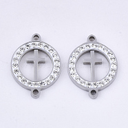 201 Stainless Steel Links connectors, with Polymer Clay Crystal Rhinestone, for Religion, Flat Round with Cross, Stainless Steel Color, 20x15x2.5mm, Hole: 1.6mm(STAS-N091-02P)