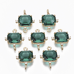Glass Links connectors, with Brass Micro Pave Cubic Zirconia, Faceted, Cuboid, Light Gold, Dark Green, 17.5x14x5.5mm, Hole: 1.2mm(X-GLAA-T021-10C)