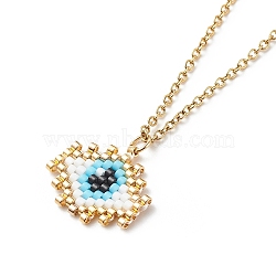 Japanese Seed Braided Rhombus with Evil Eye Pendant Necklace with 304 Stainless Steel Chains for Women, Golden, 15.94 inch(40.5cm)(NJEW-MZ00001)