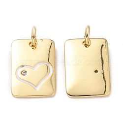 Brass Enamel Cubic Zirconia Pendants, Long-Lasting Plated, Rectangle, Real 18K Gold Plated, White, 15x10x1.5mm, Hole: 3.6mm(ZIRC-O044-11B-G)