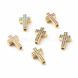Rack Plating Brass Cubic Zirconia Beads, Cadmium Free & Lead Free, Real 18K Gold Plated, Cross, Mixed Color, 15x9x4mm, Hole: 1.7mm(KK-B051-06G)
