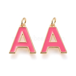 Brass Enamel Pendants, with Jump Ring, Long-Lasting Plated, Real 18K Gold Plated, Letter.A, Hot Pink, Letter.A, A: 18x14x1.8mm, Jump Rings: Inner Diameter: 3mm(KK-R139-01A)