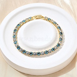 Brass Enamel Link & Charm Bracelets, with Clear Cubic Zirconia, Cadmium Free & Lead Free, Rack Plating, Light Sky Blue, 6-1/4 inch(16cm)(BJEW-Z094-02G-01B)