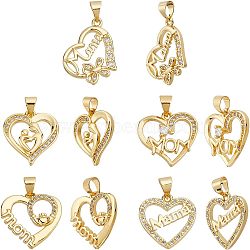 Nbeads 10Pcs 5 Style Brass Micro Pave Clear Cubic Zirconia Pendants, with Snap on Bails, for Mother's Day, Long-Lasting Plated, Heart with Word Mom, Real 18K Gold Plated, 2pcs/style(ZIRC-NB0001-76)