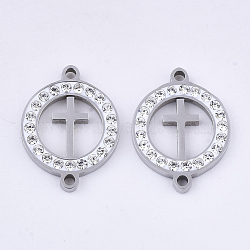 201 Stainless Steel Links connectors, with Polymer Clay Crystal Rhinestone, for Religion, Flat Round with Cross, Stainless Steel Color, 20x15x2.5mm, Hole: 1.6mm(STAS-N091-02P)