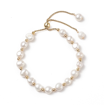 Dyed Natural Pearl & Brass Round Beaded Slider Bracelet, Adjustable Bracelet with Golden 304 Stainless Steel Box Chains for Women, Floral White, Inner Diameter: 1-3/4~3 inch(4.5~7.5cm)